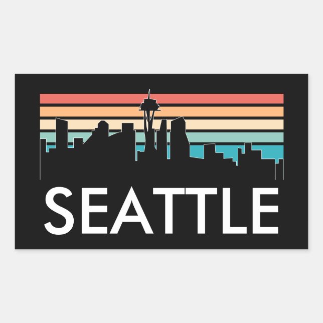 Adesivo Retangular Trendy Seattle Washington Retro Sunset Skyline (Frente)