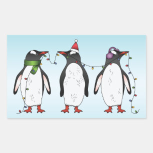 Adesivo Retangular Três Pingüins Festivos de Natal Ilustração