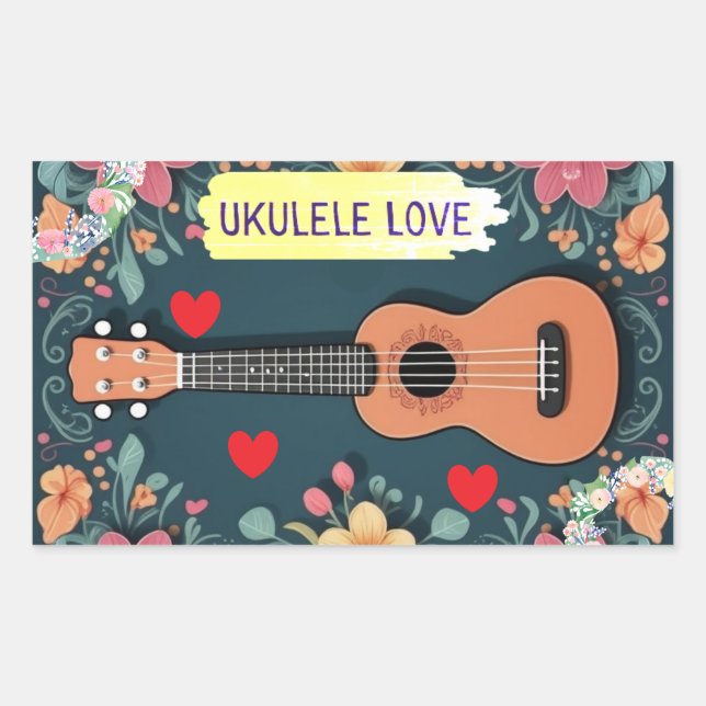 Adesivo Retangular Ukulele Adorava Instrumento Musical Hippie Floral  (Frente)