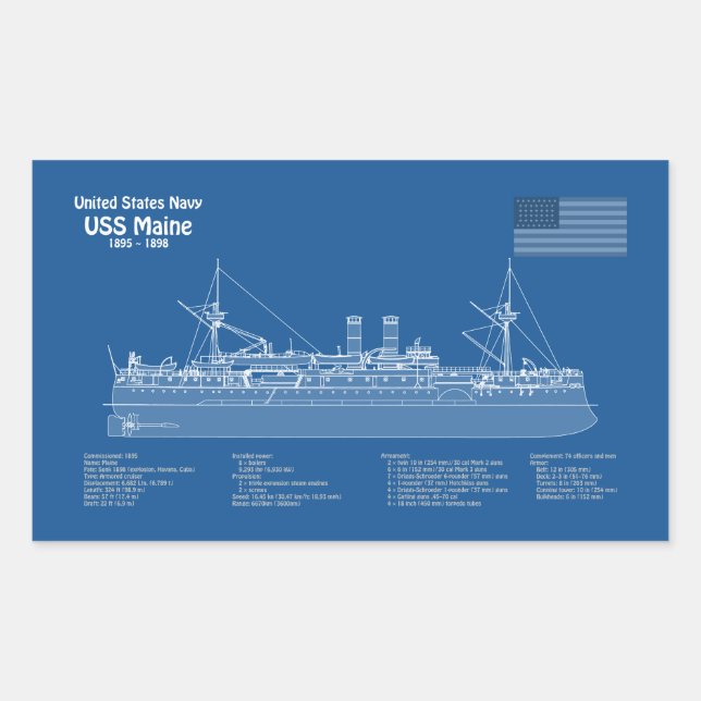 Adesivo Retangular USS Maine - Ship Blueprint Planos ABD (Frente)