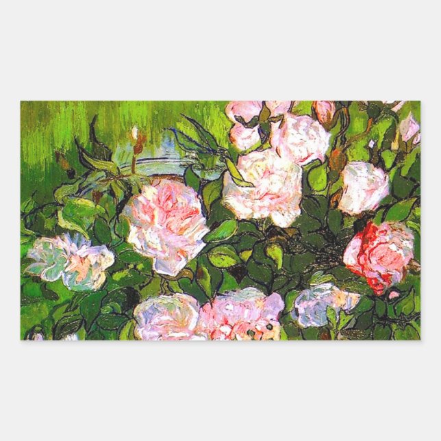 Adesivo Retangular Van Gogh ainda vive com rosas rosa (Frente)