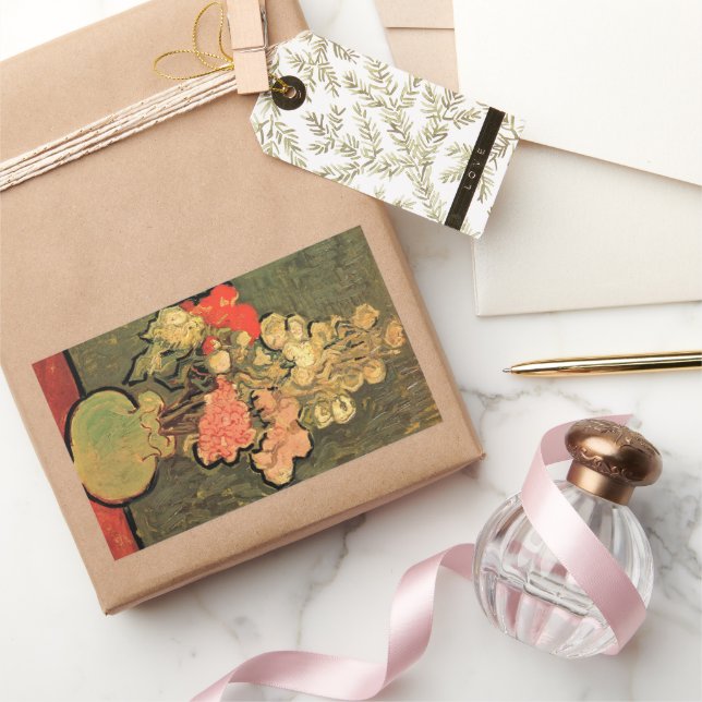 Adesivo Retangular Vaso com Malvas Rosa por Vincent van Gogh (Presentear)