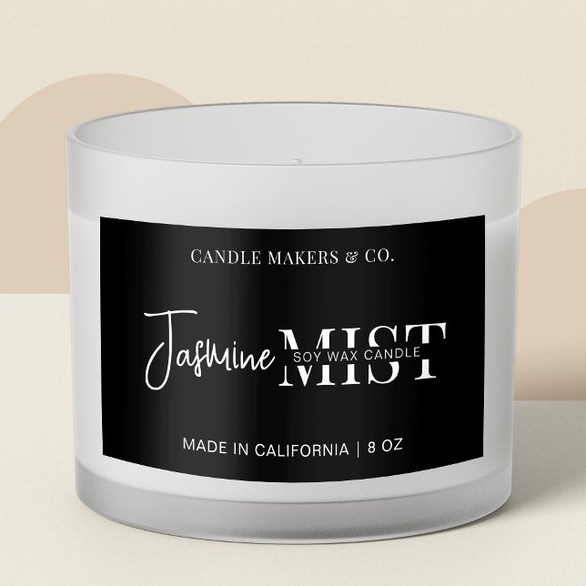 Adesivo Retangular Vela Branca Preta Profissional de Script Moderno (Fully editable black candle packaging large rectangle  labels)