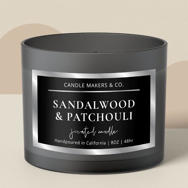 Adesivo Retangular Vela de empacotamento Elegante de Prata Negra Mode (Large candle jar rectangle label in black and silver, featuring faux silver effect and stylish fonts)