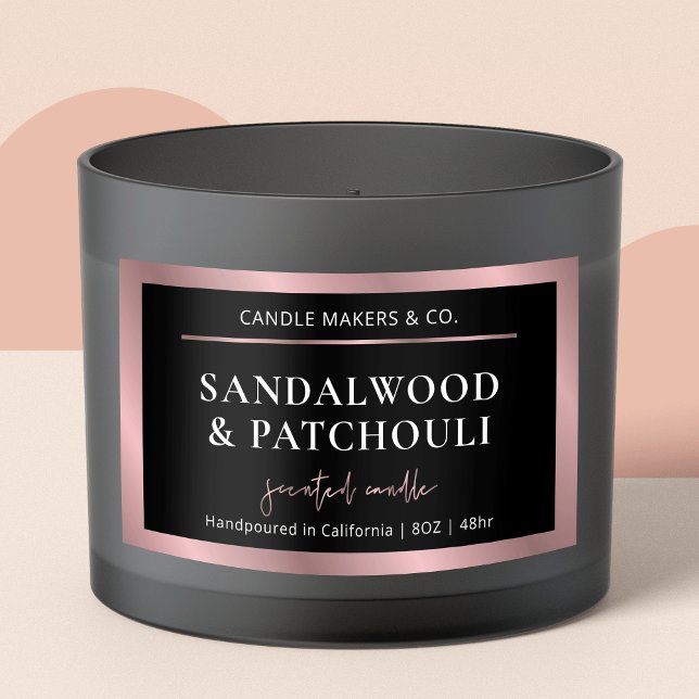 Adesivo Retangular Vela de Script Dourado e preto metálico Elegante (Elegant black and rose gold large rectangle candle jar label)