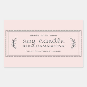Adesivo Retangular Vela de Soja Caseira XL Folhagem Rosa Pastel Perso