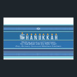 Adesivo Retangular Velas de Chanucá Striped<br><div class="desc">Uma menorah é produzida usando a tipografia neste adesivo de Hanukkah listrado. A palavra "Happy" está do seu lado servindo como o Shamash, enquanto as outras letras que soletram "Chanucá" servem como as oito velas Chanucá. O fundo listrado tonal azul lembra um talento. Adicione uma mensagem pessoal abaixo. Excelente como...</div>