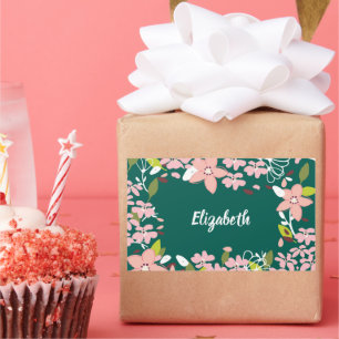 Adesivo Retangular Verde com Flores Rosa Personalizadas