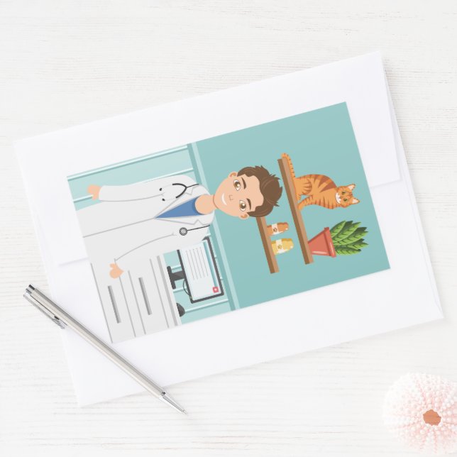 Adesivo Retangular Veterinária, Cara De Vet Vestindo Laboratório Com  (Envelope)