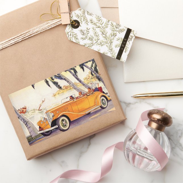 Adesivo Retangular Viagem de família vintage em um carro conversível (Presentear)