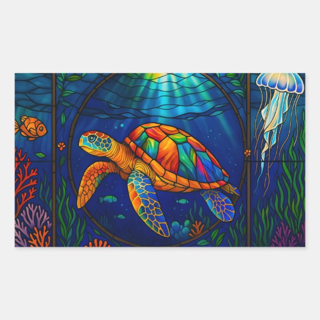 Adesivo Retangular Vibrant Stained Glass Sea Turtle Ocean Design (Frente)