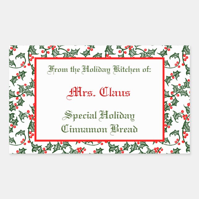 Adesivo Retangular Vinheta de Baking Editável Green Holly Red Berries (Frente)