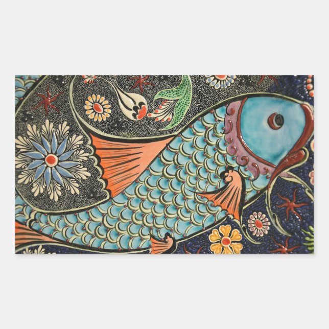 Adesivo Retangular Vinheta de peixe mosaico colorida (Frente)