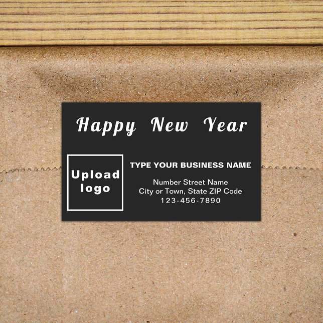 Adesivo Retangular Vinheta de Retângulo Preto de Ano Novo de Negócios (New Year greeting with your business brand on black rectangle sticker.)