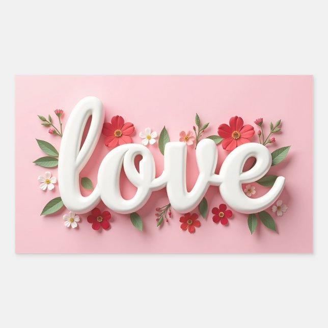 Adesivo Retangular Vinheta LOVE com flores em fundo rosa (Frente)