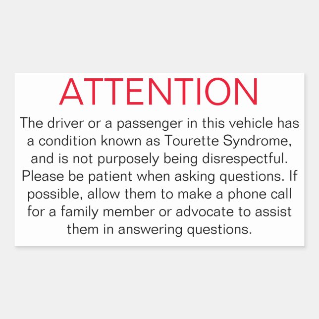 Adesivo Retangular Vinheta para avisar a polícia de Tourette (Frente)