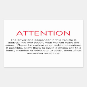 Adesivo Retangular Vinheta para avisar a polícia do Autismo