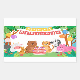 Adesivo Retangular Vinheta Retangular de Animais Feliz de Aniversário