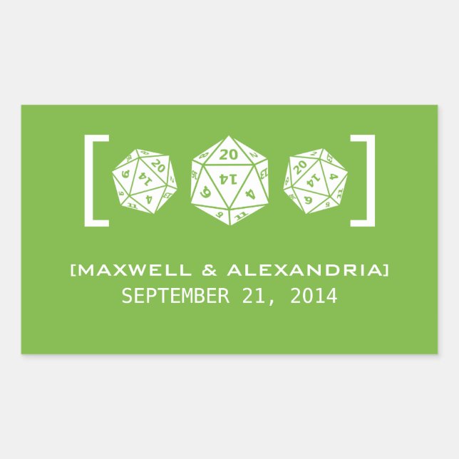 Adesivo Retangular Vinhetas de Casamento de Dice D20 Verde (Frente)