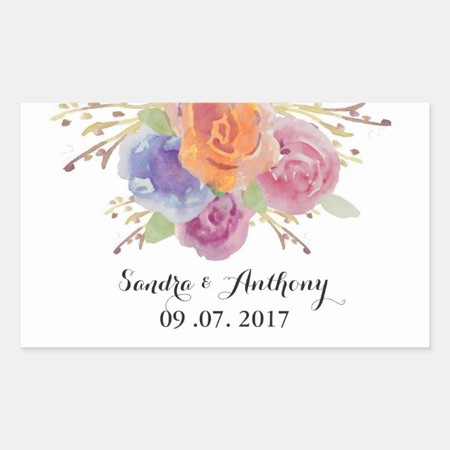 Adesivo Retangular Vinhetas de Casamento Floral Brilhante com Aquarel (Frente)