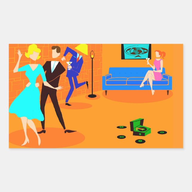 Adesivo Retangular Vinhetas do Partido Cocktail Retro Cartoon (Frente)