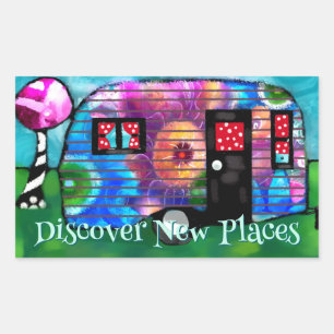 Adesivo Retangular Vintage Abstrato Camp Trailer Floral Happy Camper