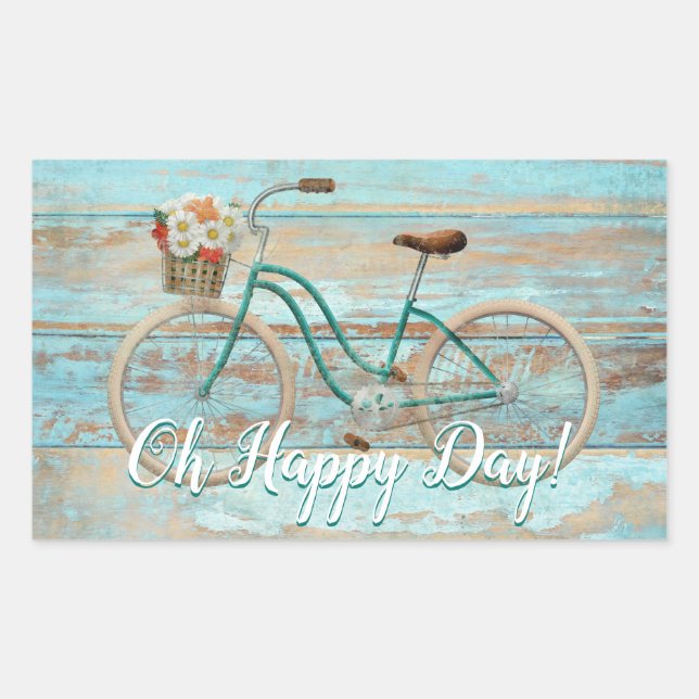 Adesivo Retangular Vintage Bicycle Stick Oh Happy Day Aqua (Frente)