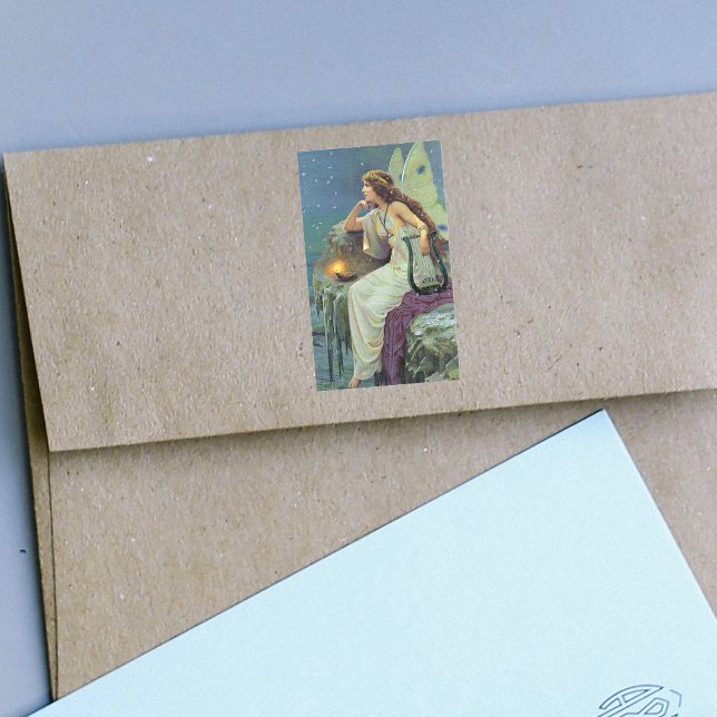 Adesivo Retangular Vintage Bonito Fada Fae Harp Candela Oceano (Fairy white dress wings on cliff by sea with candle and harp on blue rectangle stickers.)