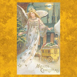 Adesivo Retangular Vintage Christmas, Victorian Angel with Tree<br><div class="desc">Vintage illustration religious Victorian Christmas holiday image featuring an angel with wings and a rob with gold stars is floating and holding a Christmas tree. An angelic lady with a church,  carriage and full moon in the background. Text reads "Merry Christmas."</div>