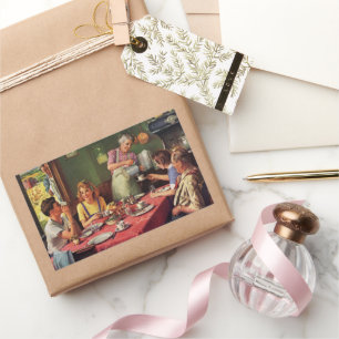 Adesivo Retangular Vintage Family Comendo Café da Manhã na Cozinha