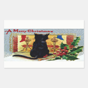 Adesivo Retangular Vintage Felry Christmas Kitten Lareira Holly