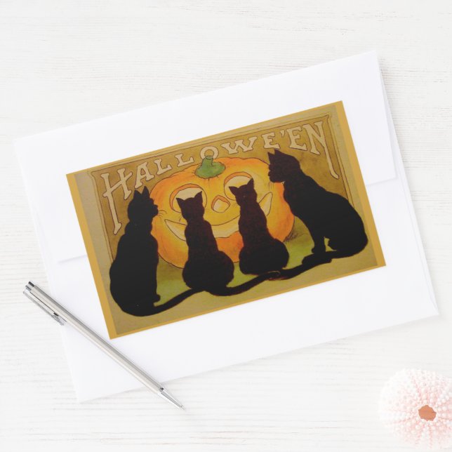 Adesivo Retangular Vintage Halloween Cats e Jack O'Lantern (Envelope)