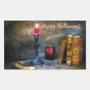 Adesivo Retangular Vintage Happy Halloween Red Candela e Livros Antig