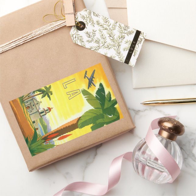 Adesivo Retangular Vintage Los Angeles, Missão da Califórnia com Palm (Presentear)