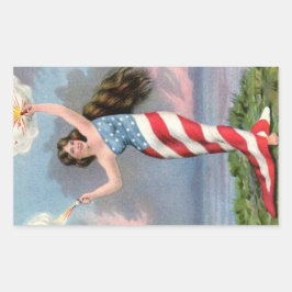 Adesivo Retangular Vintage Patriotic Girl Vestindo bandeira americana