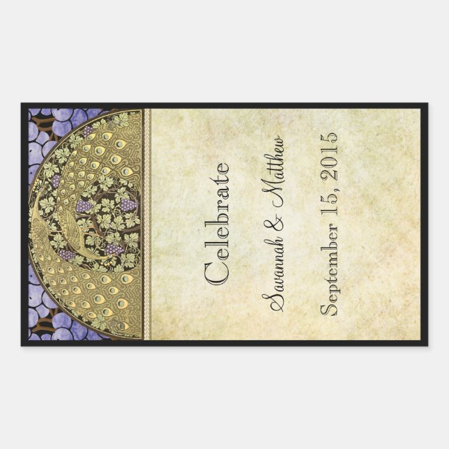 Adesivo Retangular Vintage Peacock Weding Wine Label (Frente)