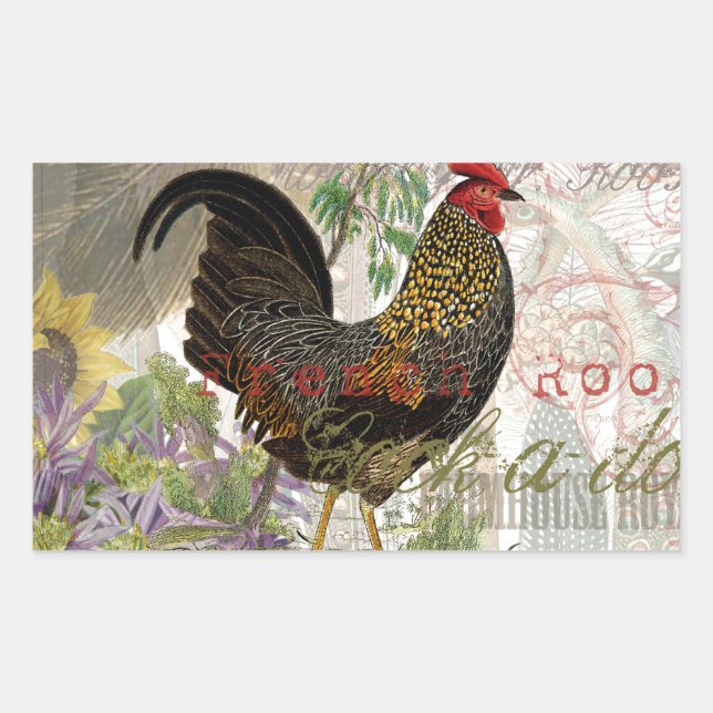 Adesivo Retangular Vintage Rooster French Collage Pet Fazenda (Frente)