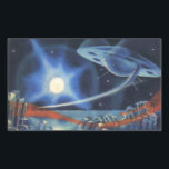 Adesivo Retangular Vintage Science Fiction Blue Spaceship over Planet<br><div class="desc">Ilustração Vintage: Planetas de ficção científica e imagem espacial com espaçonave pairando sobre um planeta. Tons azuis.</div>