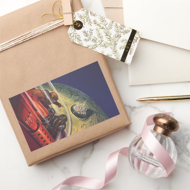 Adesivo Retangular Vintage Science Fiction, Futurística City on Moon (Presentear)