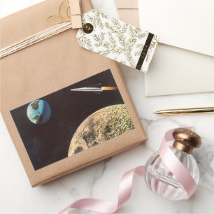 Adesivo Retangular Vintage Science Fiction, Rocket Ship Over the Moon