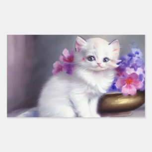 Adesivo Retangular Vintage White Kitten com Flores Rosa e Púrpura