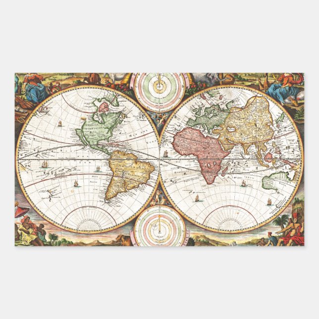 Adesivo Retangular Vintage World Map Dois Hemisférios Raros Arte Anti (Frente)