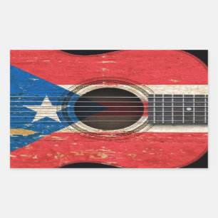 Adesivo Retangular Violão acústico antigo com bandeira de Porto Rico