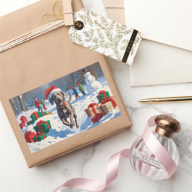 Adesivo Retangular Weimaraner correndo em neve com chapéu de Natal (Presentear)