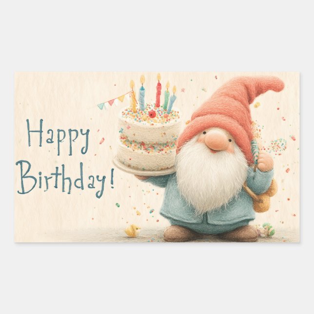 Adesivo Retangular Whimsical Birthday Greeting: Gnome Holding a Cake (Frente)