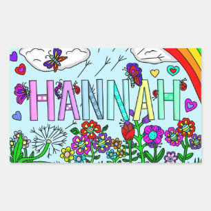 Adesivo Retangular Whimsical Hand Drawn Name Hannah Flowers, Rainbow