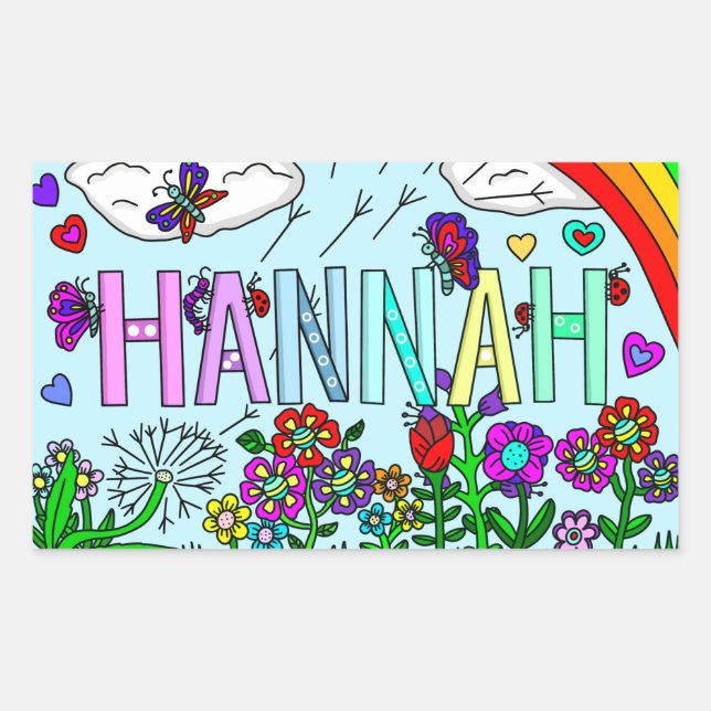 Adesivo Retangular Whimsical Hand Drawn Name Hannah Flowers, Rainbow (Frente)