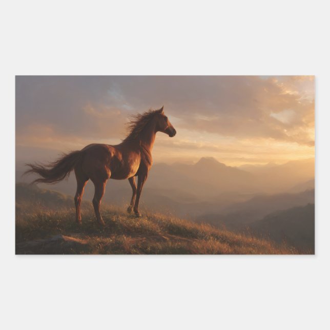 Adesivo Retangular Wild Mustang assistindo o pôr do sol (Frente)