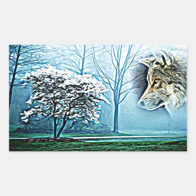 Adesivo Retangular Wolf Animal Spirit Forest Landscape Abstrato art (Frente)