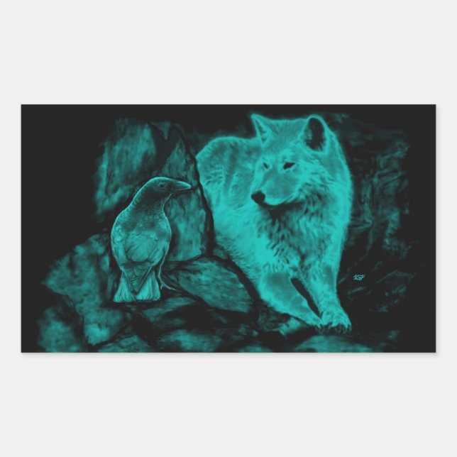 Adesivo Retangular Wolf e Raven na Noite (Frente)